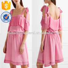 Rosa Falten Cold-Shoulder Spaghetti Strap Seide Mini Sommer Täglichen Kleid Herstellung Großhandel Mode Frauen Bekleidung (TA0061D)